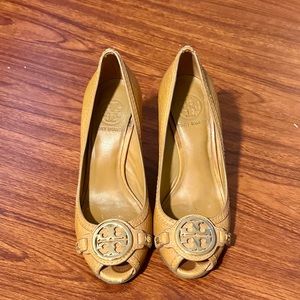 Tory Burch Tan Peep Toe Wedges Size 6